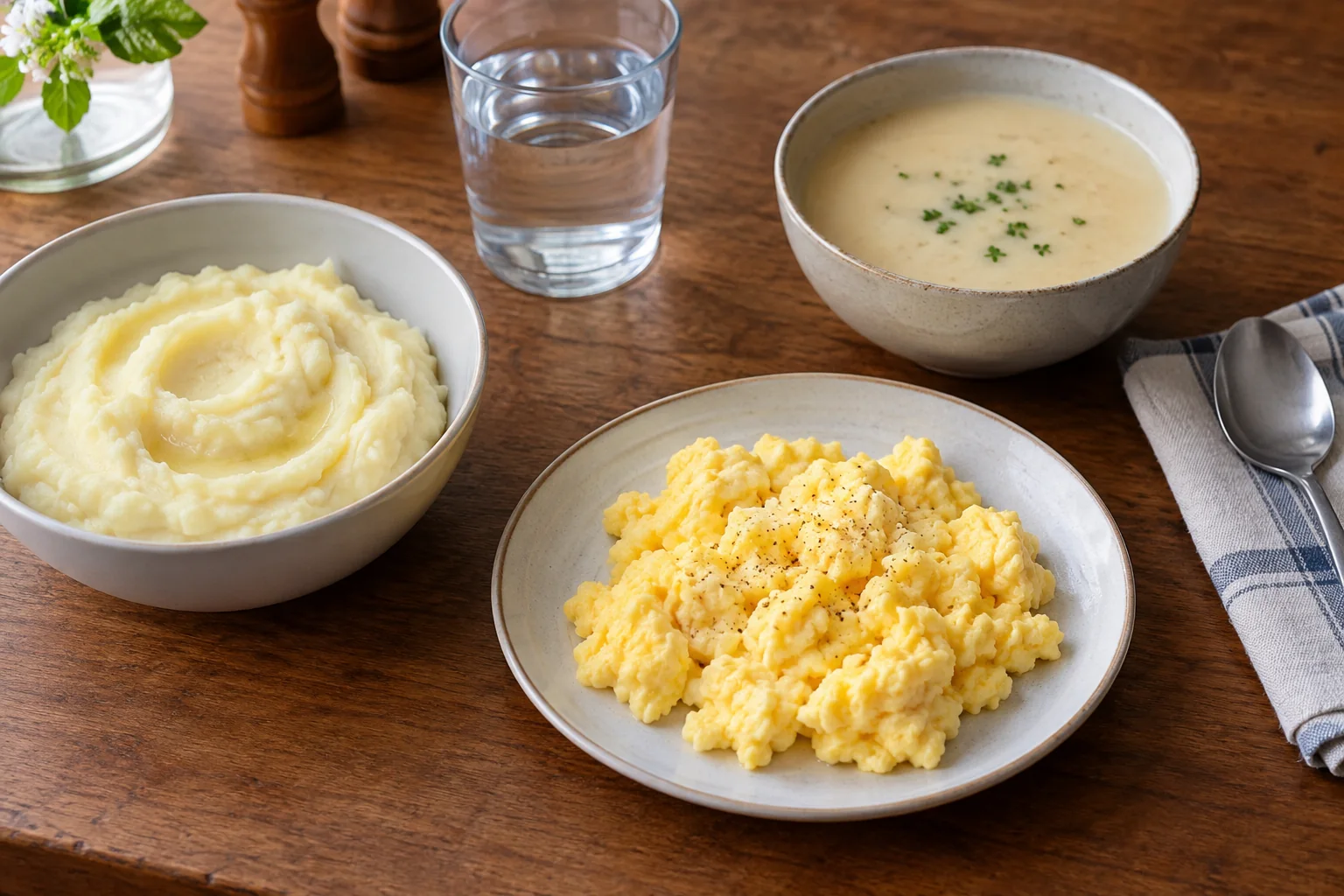 Soft scrambled eggs, mashed potato and smooth soup on a kitchen table